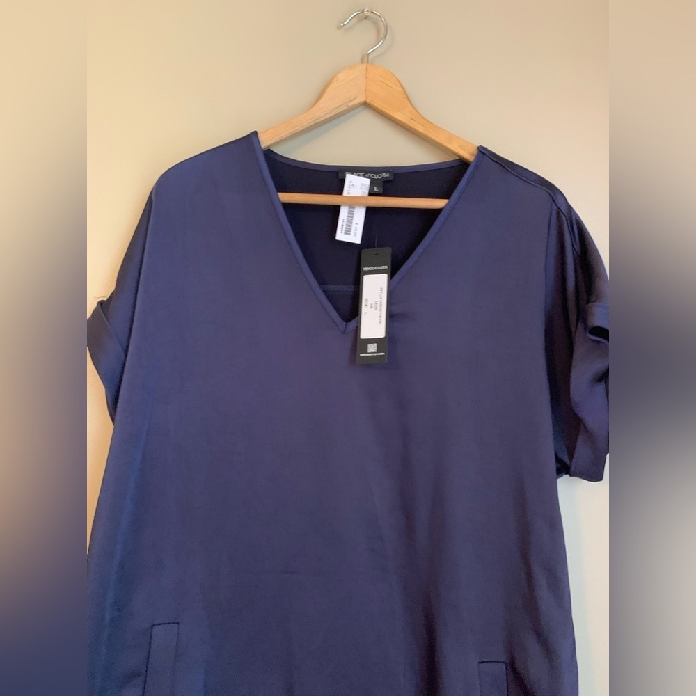 Peace of cloth satin v neck navy shirt dress - Picture 2 of 11